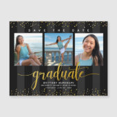 Afstuderen 3 Foto Zwart Goud Save the Date Modern Magnetische Uitnodiging (Voorkant)