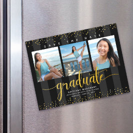Afstuderen 3 Foto Zwart Goud Save the Date Modern Magnetische Uitnodiging