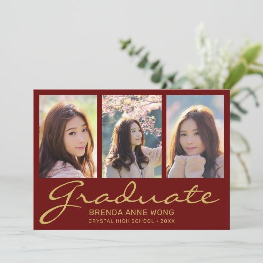 Afstuderen 3 Fotocollage Gold Script Maroon 2025 Aankondiging (Staand voorkant)
