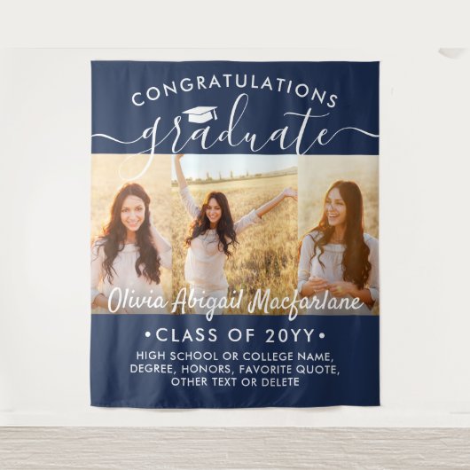 Afstuderen 3 Fotocollage Navy Blue Achtergrond Wandkleed (Voorkant)