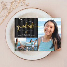 Afstuderen 3 fotocollage zwart gouden script chic aankondiging