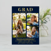 Afstuderen 3 Foto's Navy Blue Afstudeerder Party G Folie Uitnodiging (Staand Voorkant)