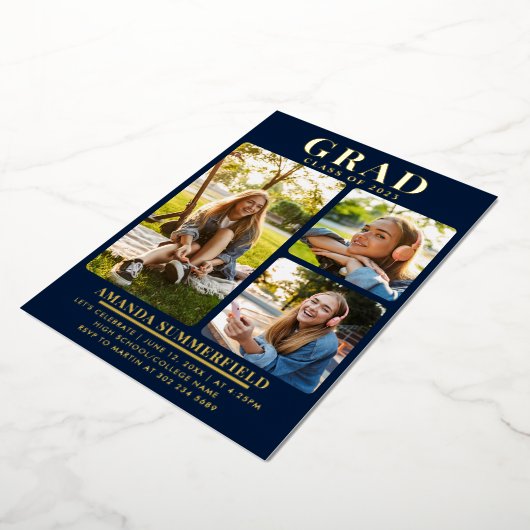 Afstuderen 3 Foto's Navy Blue Afstudeerder Party G Folie Uitnodiging (Gedraaid)