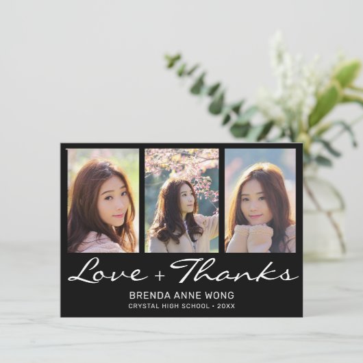 Afstuderen 3 Zwart zwart-witfotoscript Bedankkaart (Staand voorkant)