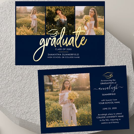 Afstuderen 4 Foto Collage Script Navy Gold Folie Uitnodiging
