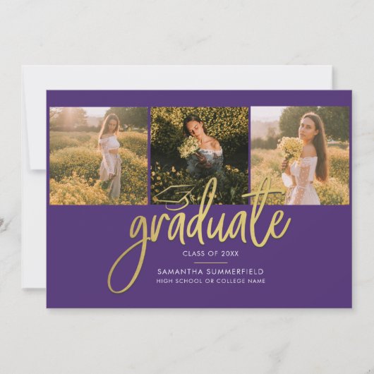 Afstuderen 4 Foto Collage Script Paars Gold Afstud Aankondiging (Voorkant)