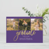 Afstuderen 4 Foto Collage Script Paars Gold Afstud Aankondiging (Staand voorkant)