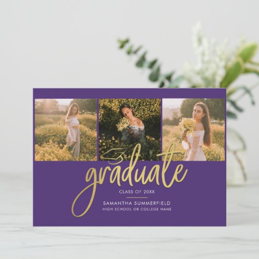 Afstuderen 4 Foto Collage Script Paars Gold Afstud Aankondiging (Staand voorkant)