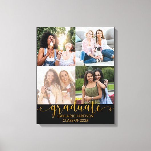 Afstuderen 4 Foto Grid Collage Black en Gold Canvas Afdruk (Voorkant)