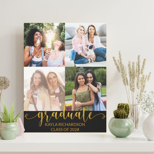 Afstuderen 4 Foto Grid Collage Black en Gold Canvas Afdruk
