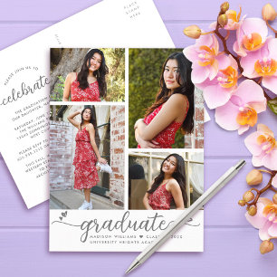 Afstuderen 4 Foto modern elegant script Uitnodiging Briefkaart