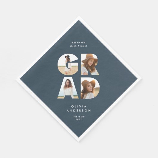 Afstuderen 4 foto modern gepersonaliseerd marinebl servet (Hoek)