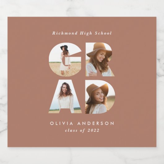 Afstuderen 4 foto modern gepersonaliseerd terracot sparkling wijnetiket (Enkel label)