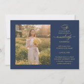 Afstuderen 4 Photo Collage Navy Blue Gold Script Aankondiging (Achterkant)
