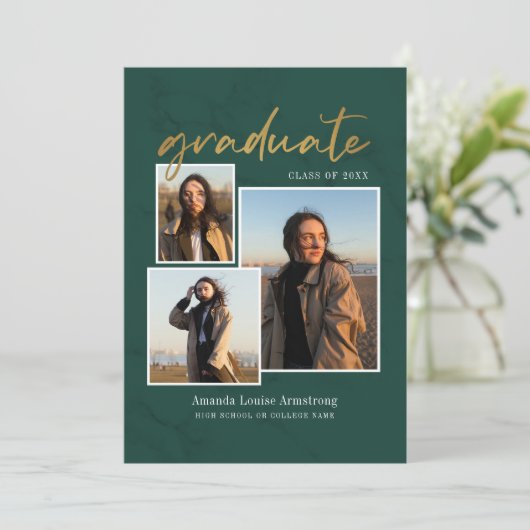 Afstuderen 4 Photo Collage Script Green Afstudeerd Aankondiging (Staand voorkant)