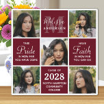 Afstuderen 5 Foto Collage Burgundy Afstuderen Fotoplaat<br><div class="desc">Viel je afstuderen met deze moderne en elegante fotocollage afstuderen plaque. Pas met 5 van uw favoriete foto's van de senior of de universiteit aan, en personaliseer met monogram initiaal, naam, graduerend jaar, middelbare school of collegenaam. Inspirerend citaat: "Neem trots in hoe ver je bent gekomen, heb vertrouwen in hoe...</div>