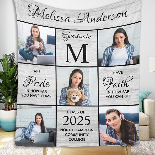 Afstuderen 5 Foto Collage Gray Rustic Afstuderen Fleece Deken