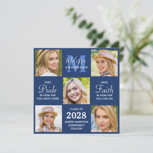 Afstuderen 5 Photo Collage Navy Blue Afstuderen Aankondiging (Staand voorkant)