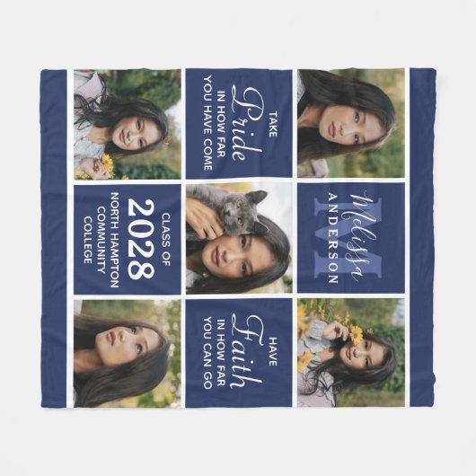 Afstuderen 5 Photo Collage Navy Blue Afstuderen Fleece Deken (Voorkant (Horizontaal))