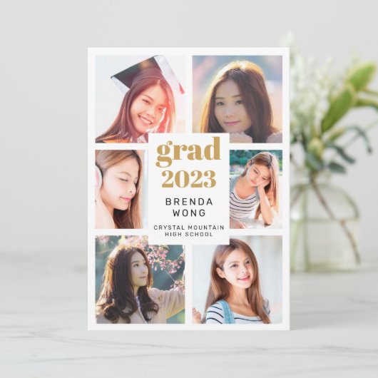 Afstuderen 6 Foto Collage Gold Black Script White Aankondiging (Staand voorkant)