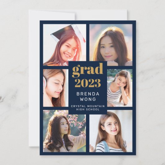 Afstuderen 6 Foto Collage Gold White Script Blue Aankondiging (Voorkant)