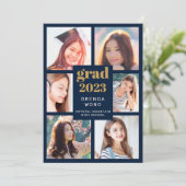 Afstuderen 6 Foto Collage Gold White Script Blue Aankondiging (Staand voorkant)