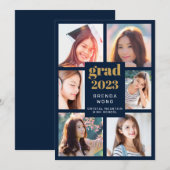 Afstuderen 6 Foto Collage Gold White Script Blue Aankondiging (Voorkant / Achterkant)