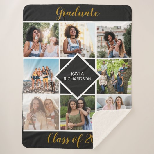 Afstuderen 8 Foto Grid Black en Gold Afstuderen Sherpa Deken (Voorkant)