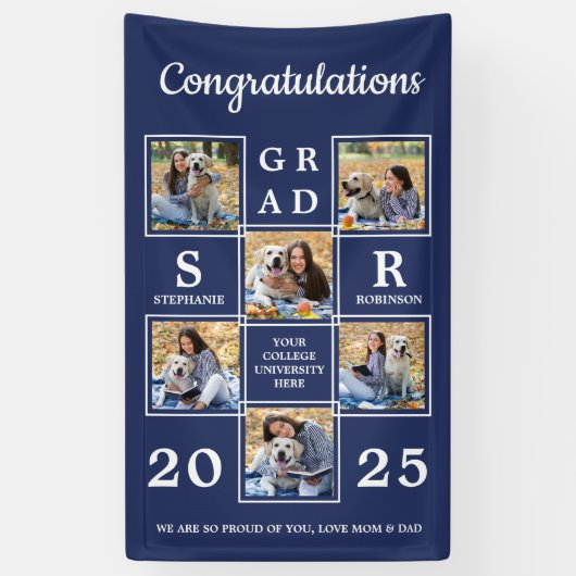Afstuderen Aangepast fotocollage marineblauw Spandoek (Verticaal)