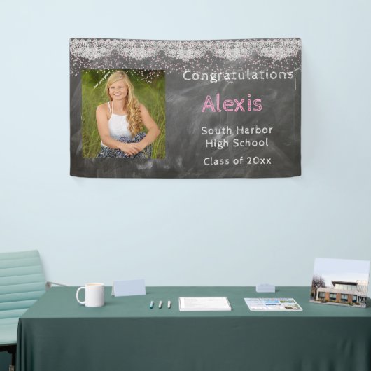 Afstuderen, aangepaste foto, krijtbord & kant spandoek (Beurs)