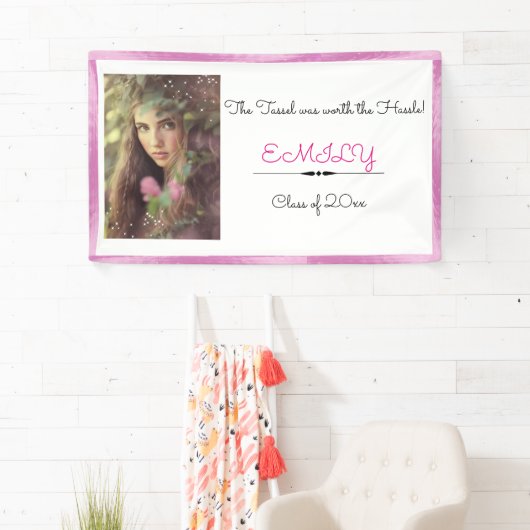 Afstuderen, aangepaste foto, roze en wit spandoek (Insitu)