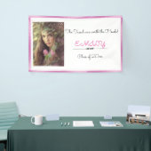 Afstuderen, aangepaste foto, roze en wit spandoek (Beurs)