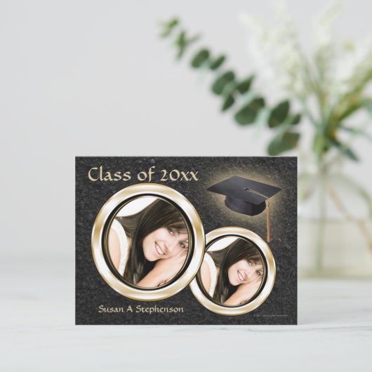 Afstuderen Aankondiging Briefkaart, Zwart en Goud (Staand voorkant)