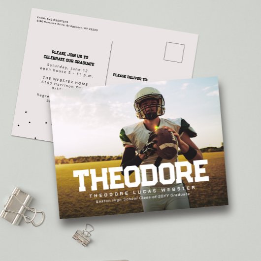 Afstuderen aankondiging één foto atleet briefkaart