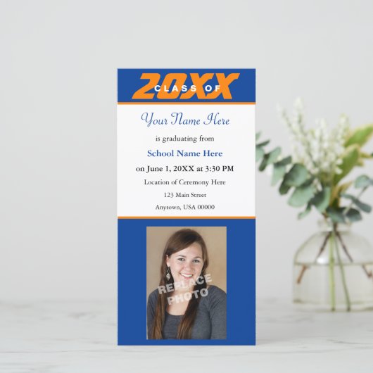 Afstuderen Aankondiging Fotokaart Oranje & blauw (Staand voorkant)