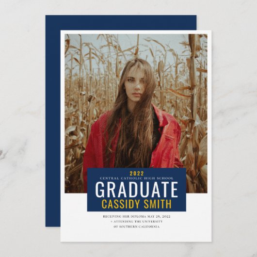 Afstuderen Aankondiging, Navy Blue en Gold Kaart (Voorkant / Achterkant)