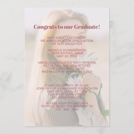 Afstuderen aankondiging op pastel marmeren patroon (Achterkant)