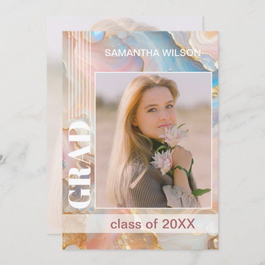 Afstuderen aankondiging op pastel marmeren patroon (Voorkant / Achterkant)