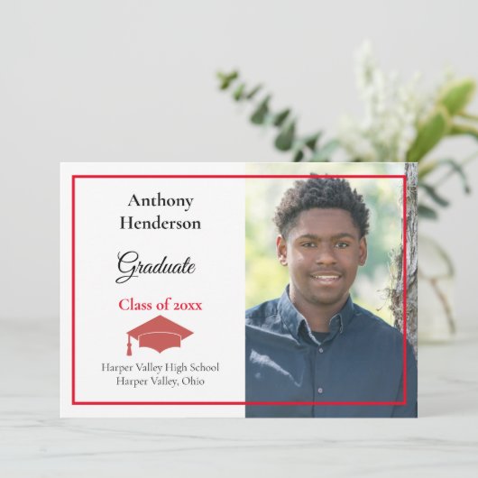 Afstuderen Aankondiging Rood Pet en Foto (Staand voorkant)