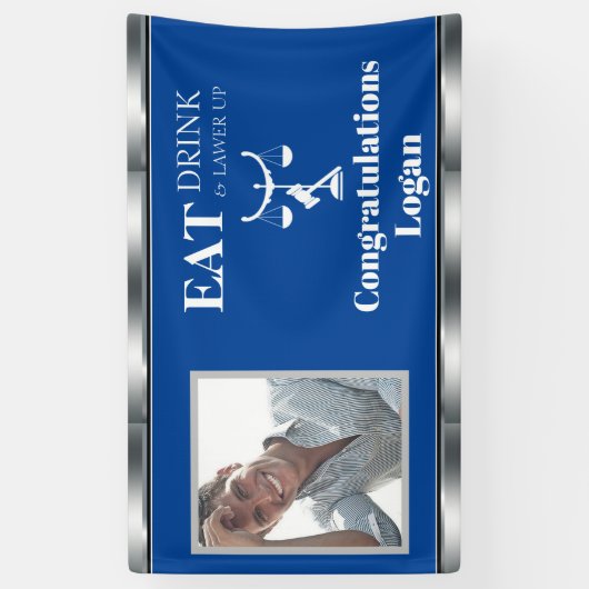 Afstuderen, advocaat schalen van gerechtigheid spandoek (Verticaal)