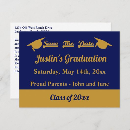 Afstuderen Afstuderen Opslaan Datum blauw en goud Briefkaart (Voorkant / Achterkant)