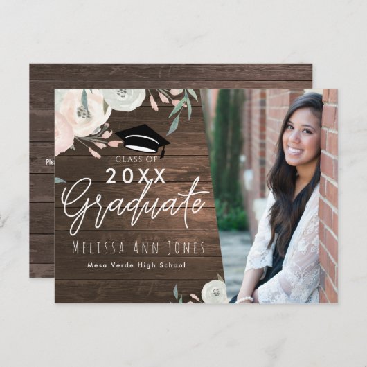 Afstuderen Afstuderen rustieke houten bloemenchiqu Uitnodiging Briefkaart (Voorkant / Achterkant)