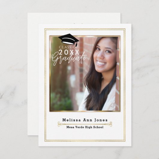 Afstuderen Afstuderen Wit & Goud Moderne Foto Aankondigingskaart (Voorkant / Achterkant)