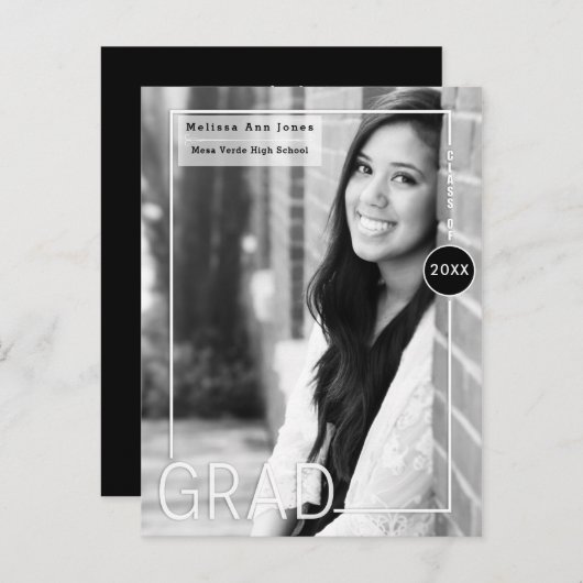 Afstuderen Afstuderen Zwart Wit Moderne foto Uitnodiging Briefkaart (Voorkant / Achterkant)