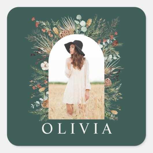 Afstuderen arch foto botanisch groen vierkante sticker (Voorkant)