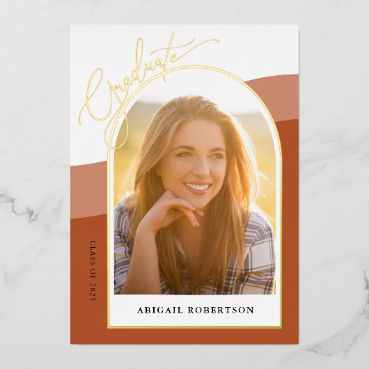 Afstuderen Arch Photos Terracotta Afstuderen Gold Folie Uitnodiging (Voorkant)