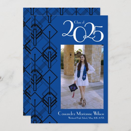 Afstuderen Art Deco Black Blue-aankondiging Kaart (Voorkant / Achterkant)