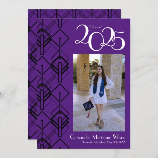 Afstuderen Art Deco Black Paarse aankondiging (Voorkant / Achterkant)