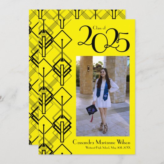 Afstuderen Art Deco Black Red kondiging Kaart (Voorkant / Achterkant)