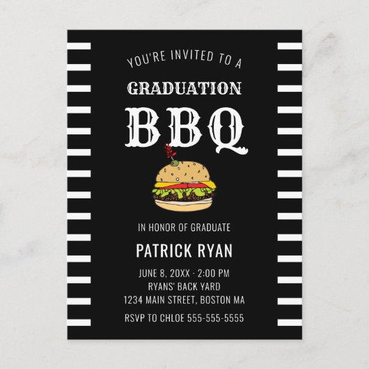 Afstuderen BBQ Black White Stripe Invitation Briefkaart (Voorkant)